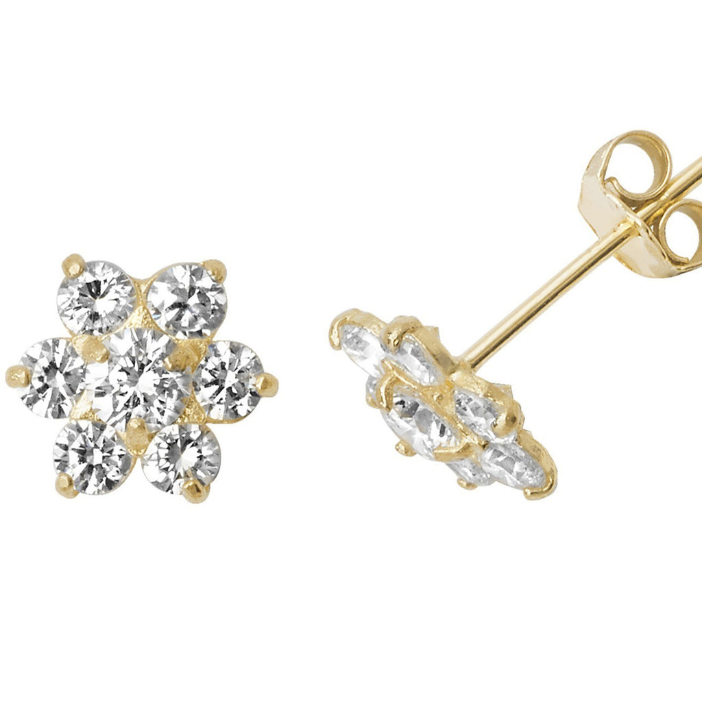 7 Stone Floral Stud Earrings 9ct Yellow Gold 375 Hallmarked Brand New Boxed