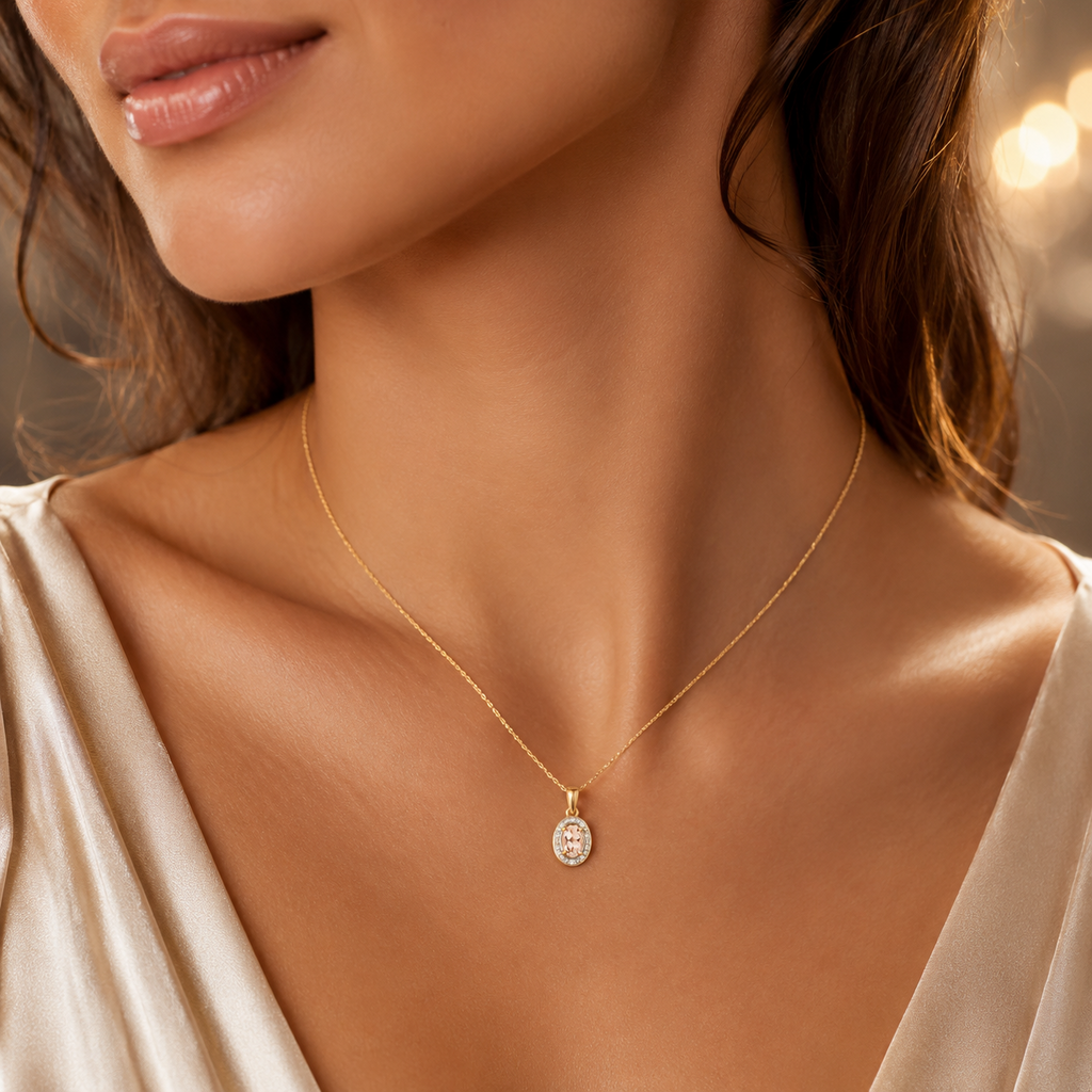 Oval Morganite Diamond Pendant 9ct Multi Tone Gold 375 Hallmarked Chain Lengths