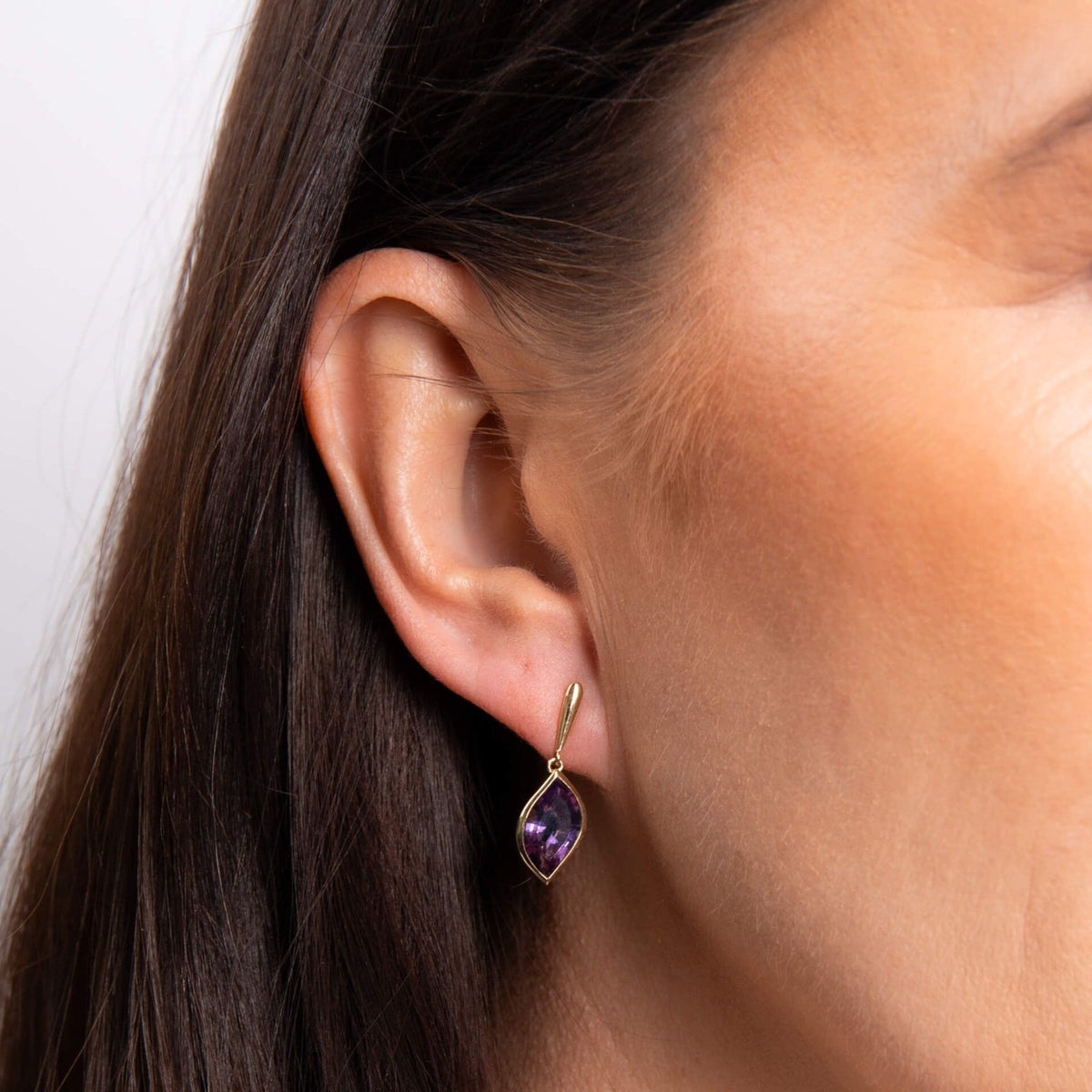 Flush Amethyst Flame Drop Earrings 9ct Yellow Gold 375 Hallmarked British Made
