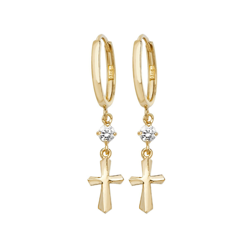 Solitaire Cross Drop Hoop Earrings 9ct Yellow Gold 375 Hallmark Brand New Boxed