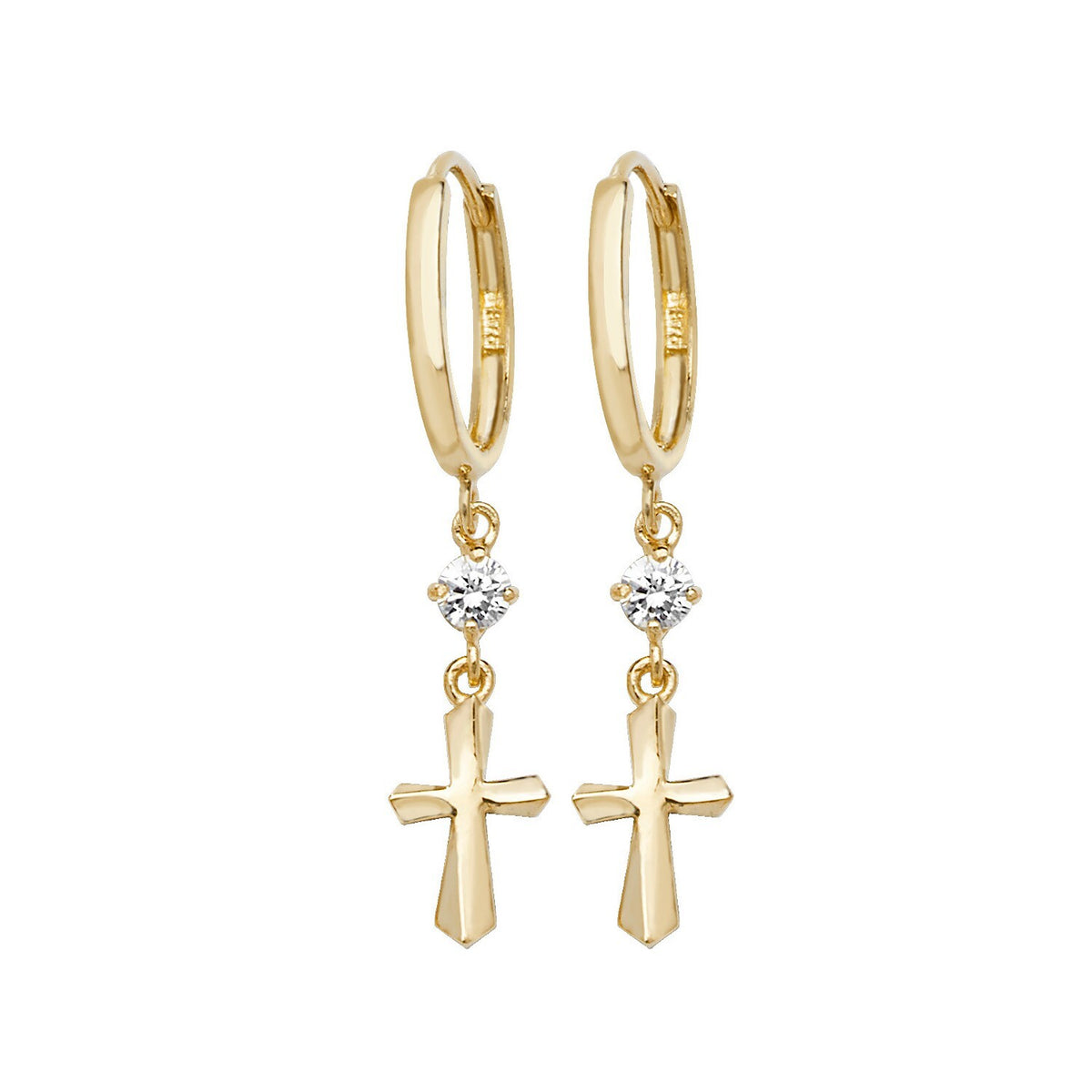 Solitaire Cross Drop Hoop Earrings 9ct Yellow Gold 375 Hallmark Brand New Boxed