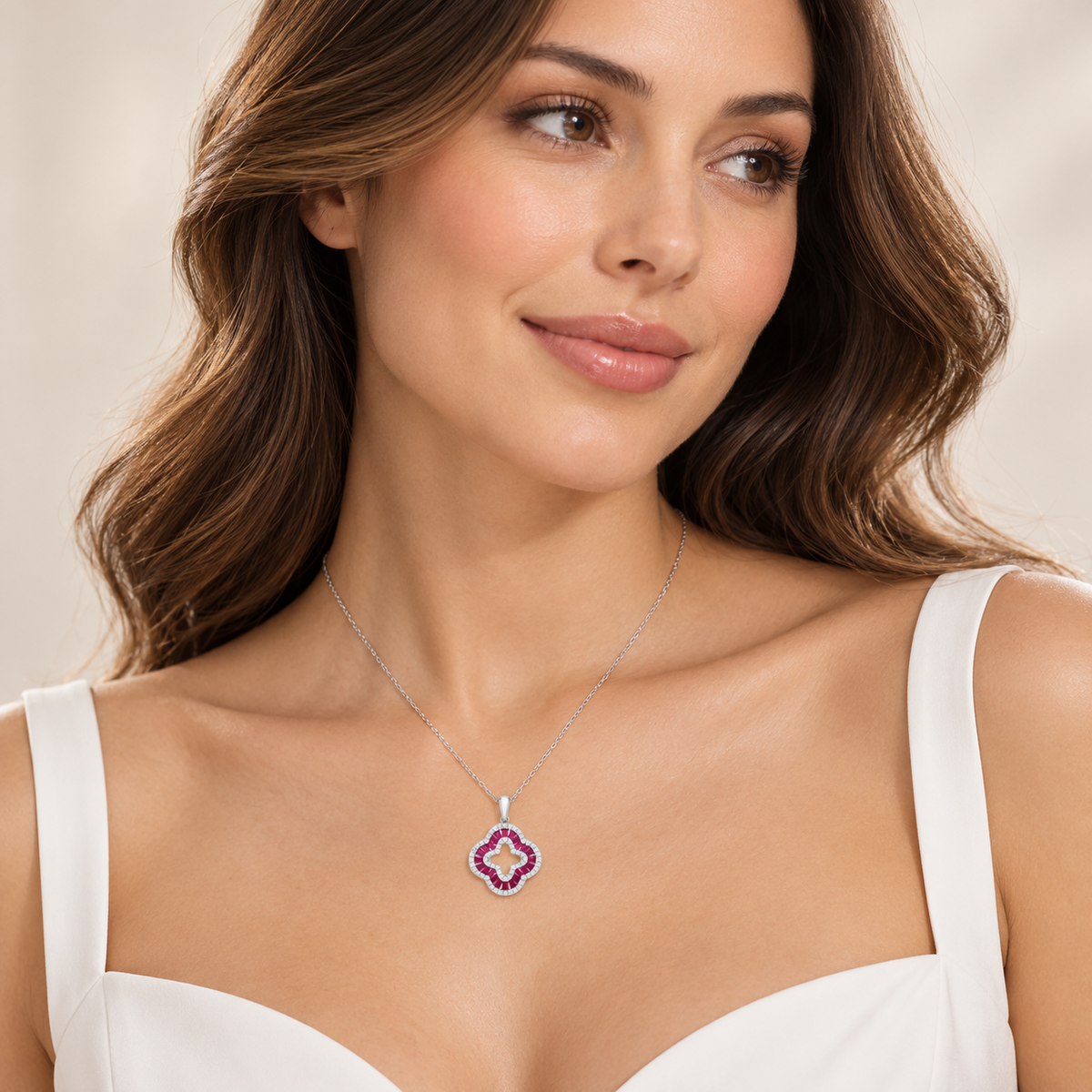 Ruby Baguette Clover Necklace Sterling Silver 925 Hallmarked British Made