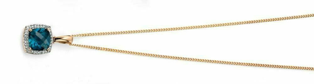 London Blue Topaz & Diamond Pendant Yellow Gold 375 Hallmarked Brand New Boxed