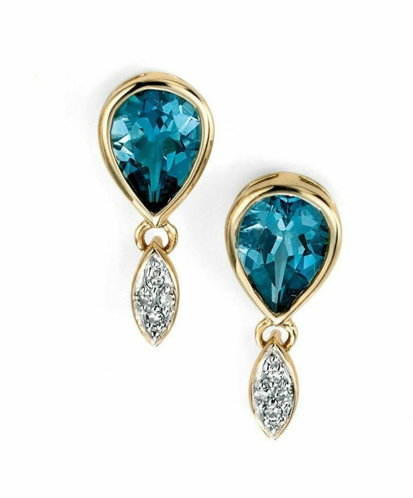 Blue Topaz and Diamond Pear Earrings 9k Yellow Gold Hallmark British Made