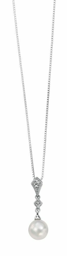 Diamond & Freshwater Pearl Pendant 9ct White Gold British Made 375 Hallmarked
