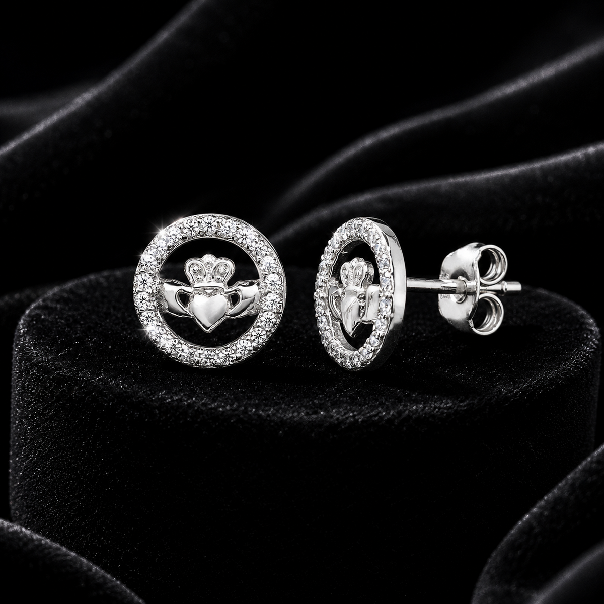 Channel Set Claddagh Stud Earrings Sterling Silver 925 Hallmarked British Made