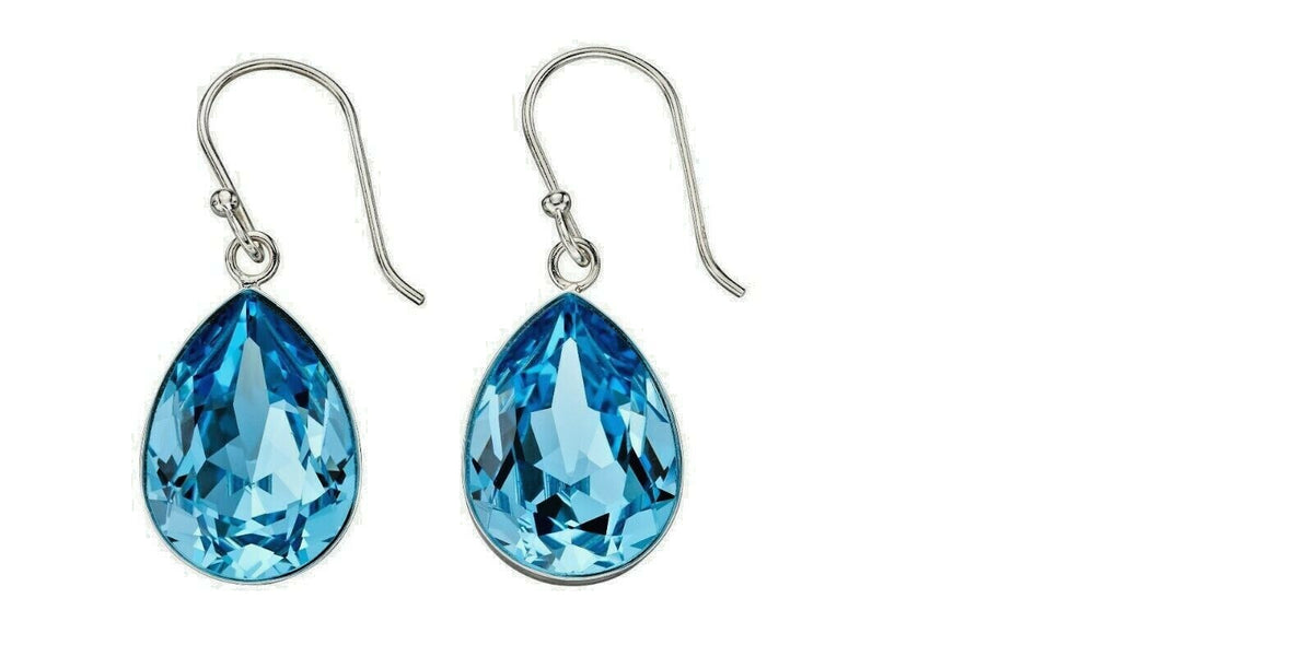 Aquamarine Swarovski Crystal Earrings Solid Sterling Silver 925 Hallmarked