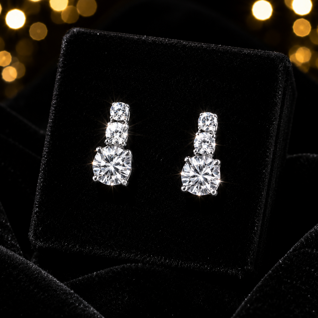 9ct White Gold Three Stone Drop Stud Earrings 375 Hallmark Trilogy