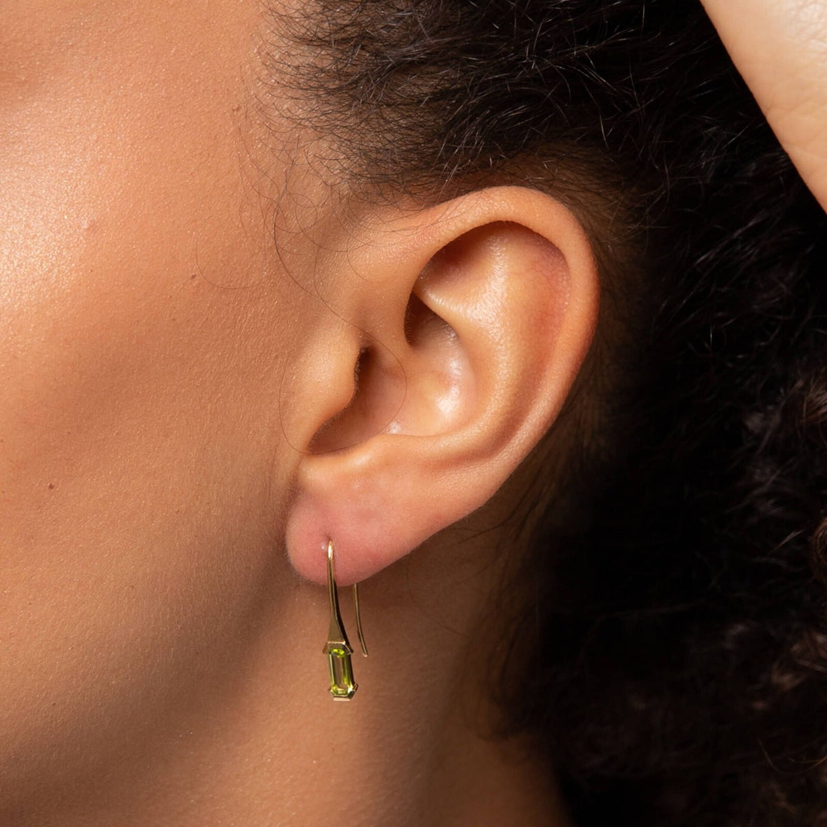 Elongated Baguette Peridot Drop Earrings Yellow Gold 375 Hallmarked British Made