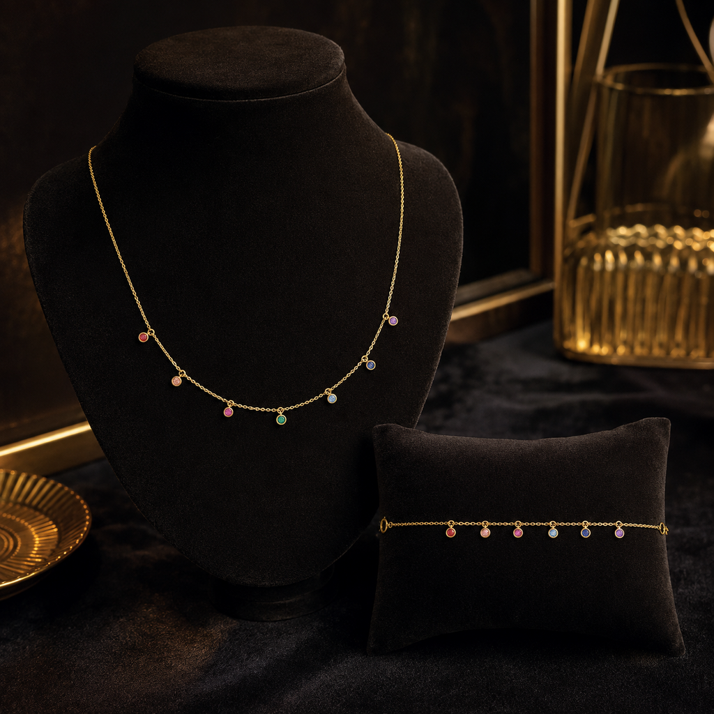 Flush Gemstone Necklace and Bracelet Set 9ct Yellow Gold 375 Hallmarked