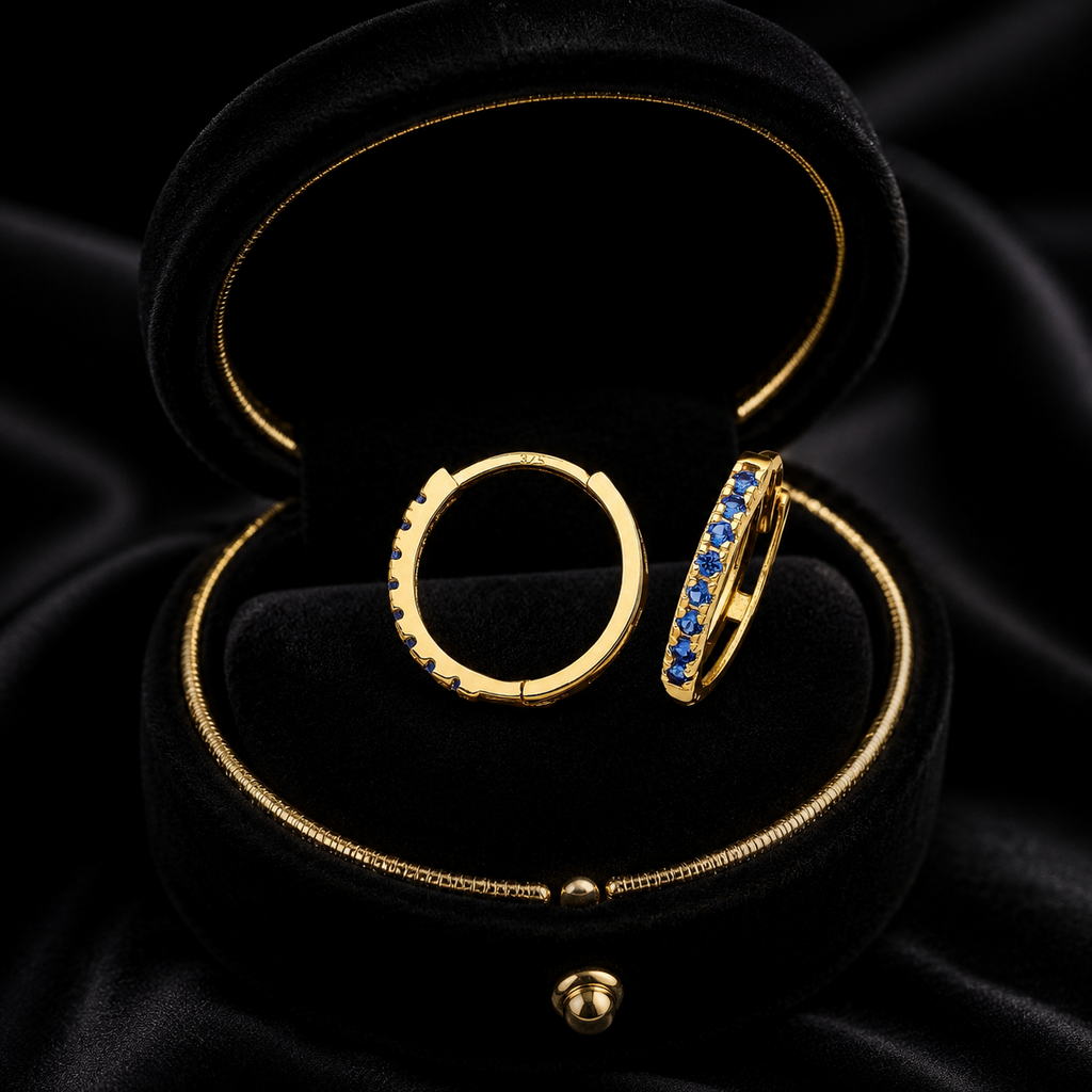 9ct Yellow Gold Sapphire Hoop Earrings British Made 375 Hallmark Brand New Boxed