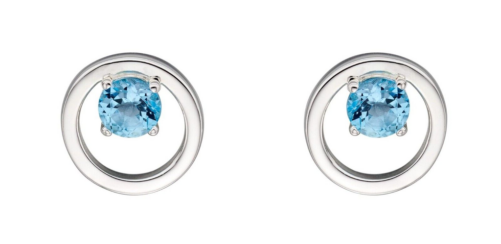 Blue Topaz Circle Stud Earrings Sterling Silver 925 Hallmarked British Made