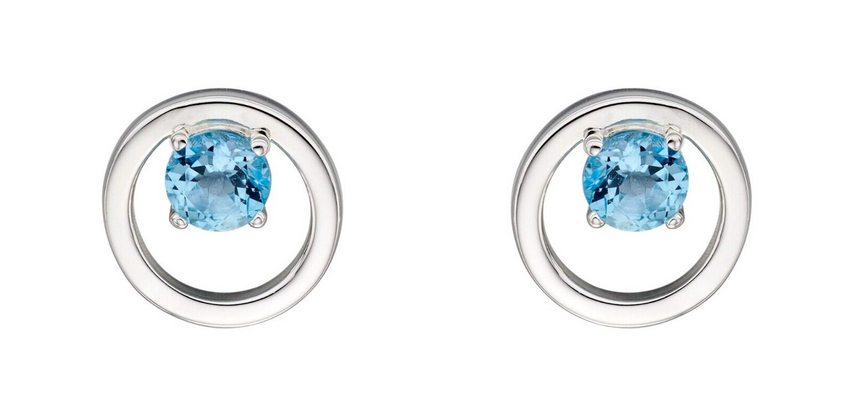 Blue Topaz Circle Stud Earrings Sterling Silver 925 Hallmarked British Made