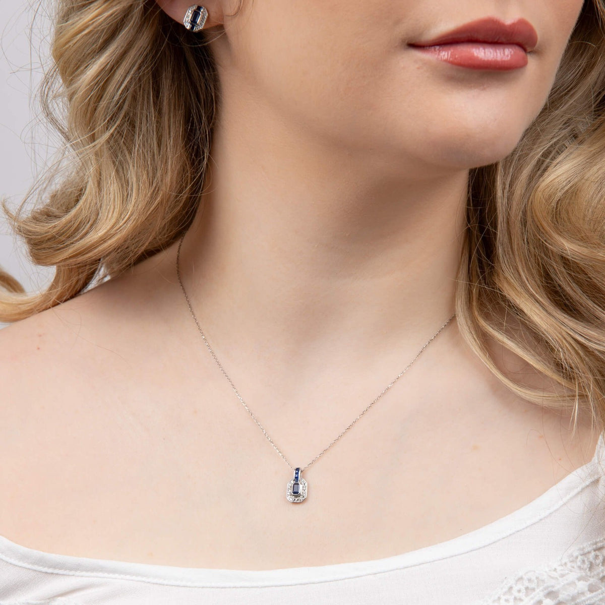 Sapphire & Diamond Pendant & Earrings Set 9ct White Gold 375 Hallmarked