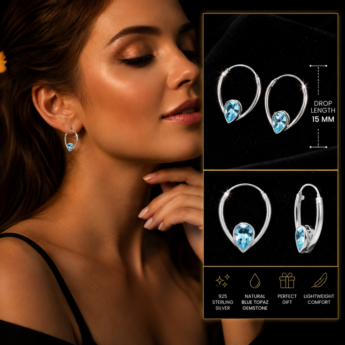 Teardrop Topaz Hoop Earrings Sterling Silver 925 Hallmarked Brand New Boxed