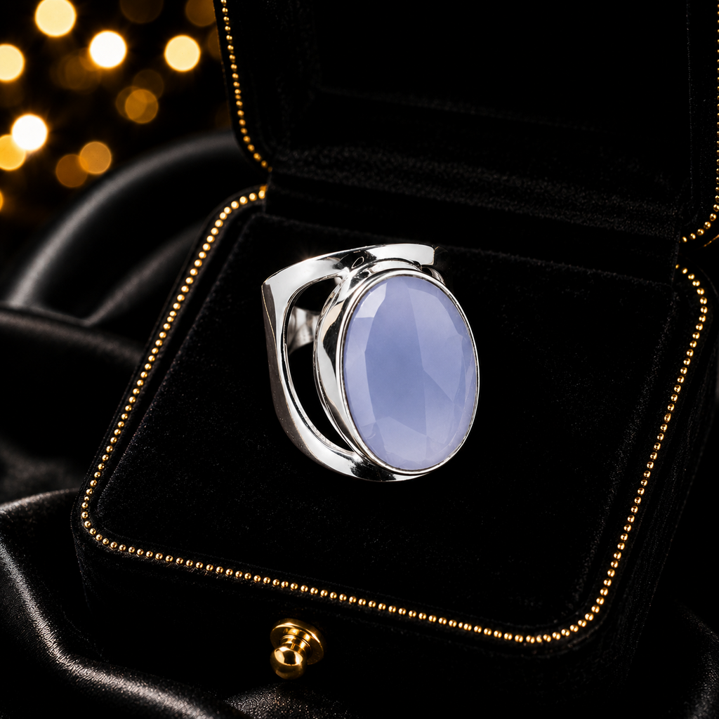 Split Band Chalcedony Ring Sterling Silver 925 Hallmark British Made Size M - T