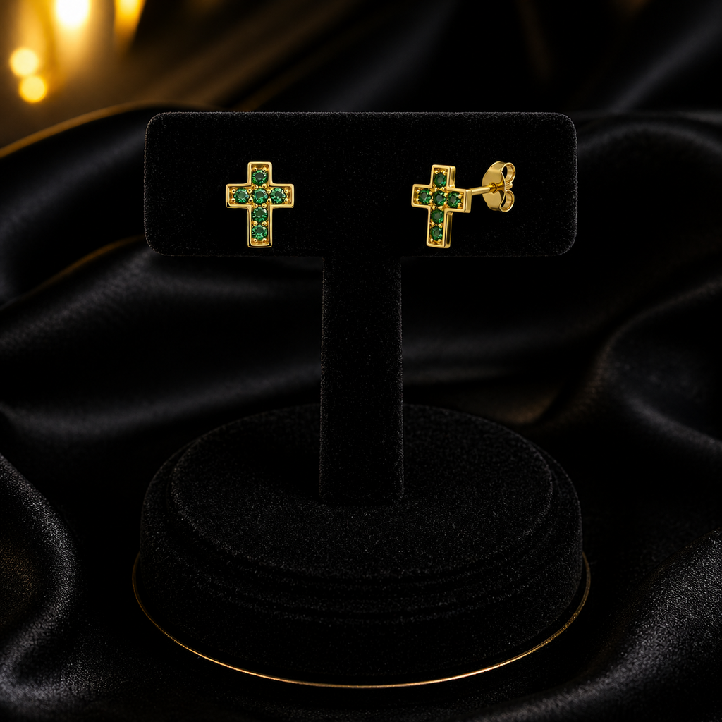 Emerald Cross Stud Earrings Yellow Gold Natural Stone 375 Hallmark New Boxed