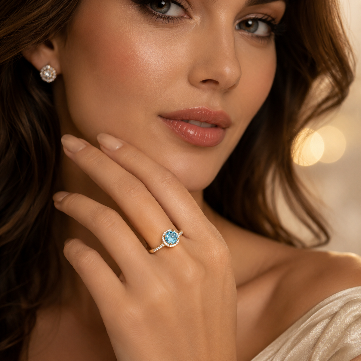 Round Halo Blue Topaz Diamond Ring 9ct 2 Tone Gold 375 Hallmarked Sizes J - Q