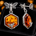Amber Bee Drop Earrings Sterling Silver 925 Hallmarked British Made Brand New