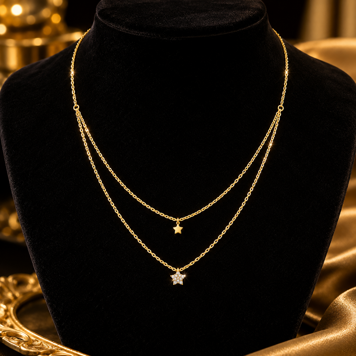 Pave Double Strand Star Necklace 9ct Yellow Gold 375 Hallmarked British Made