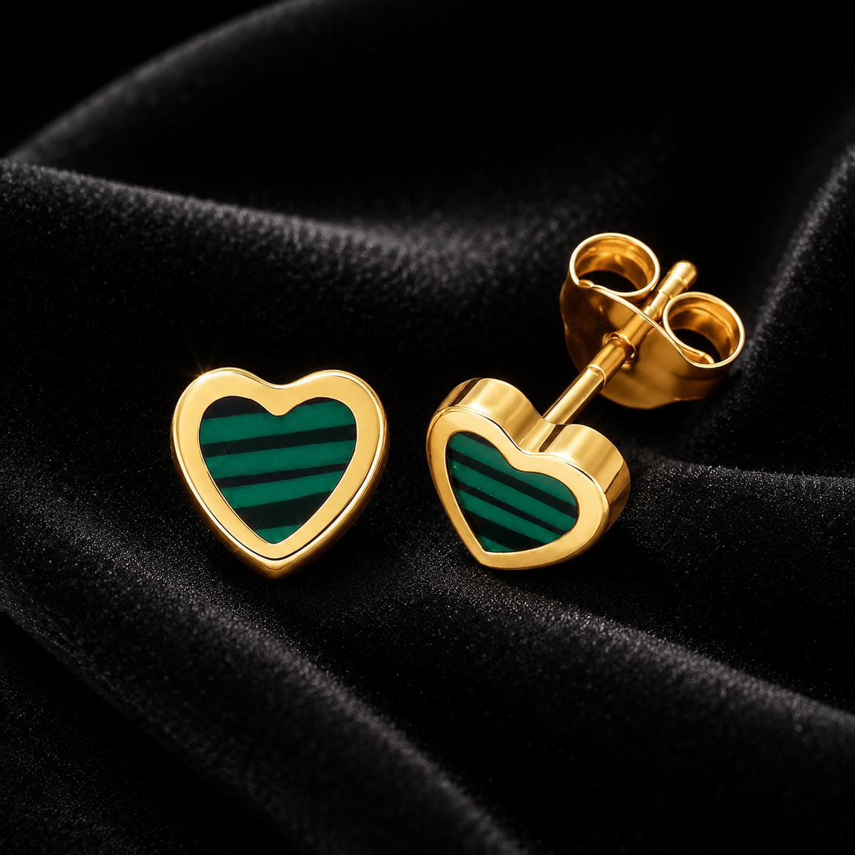 Natural Malachite Heart Stud Earrings 9ct Yellow Gold 375 Hallmarked Brand New
