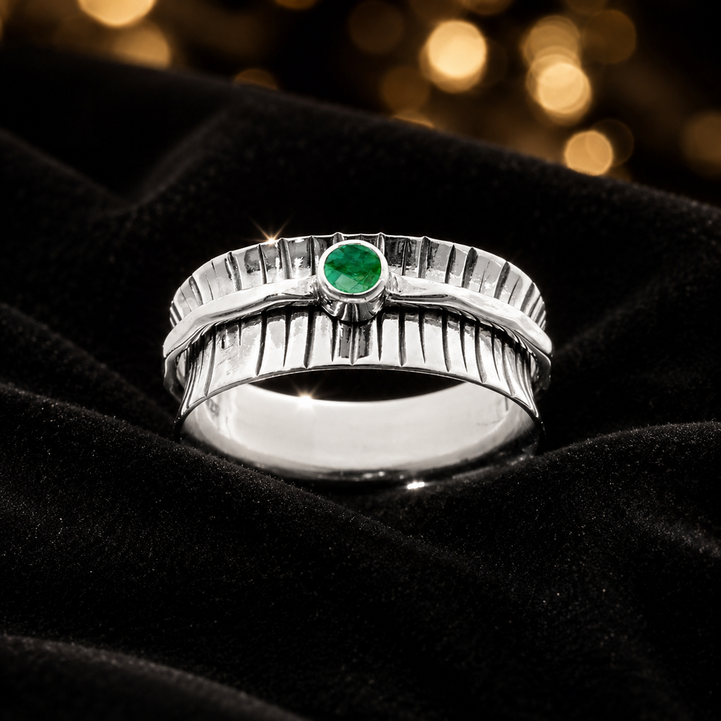 Flush Emerald Spinner Ring Sterling Silver 925 Hallmark British Made Size K - T