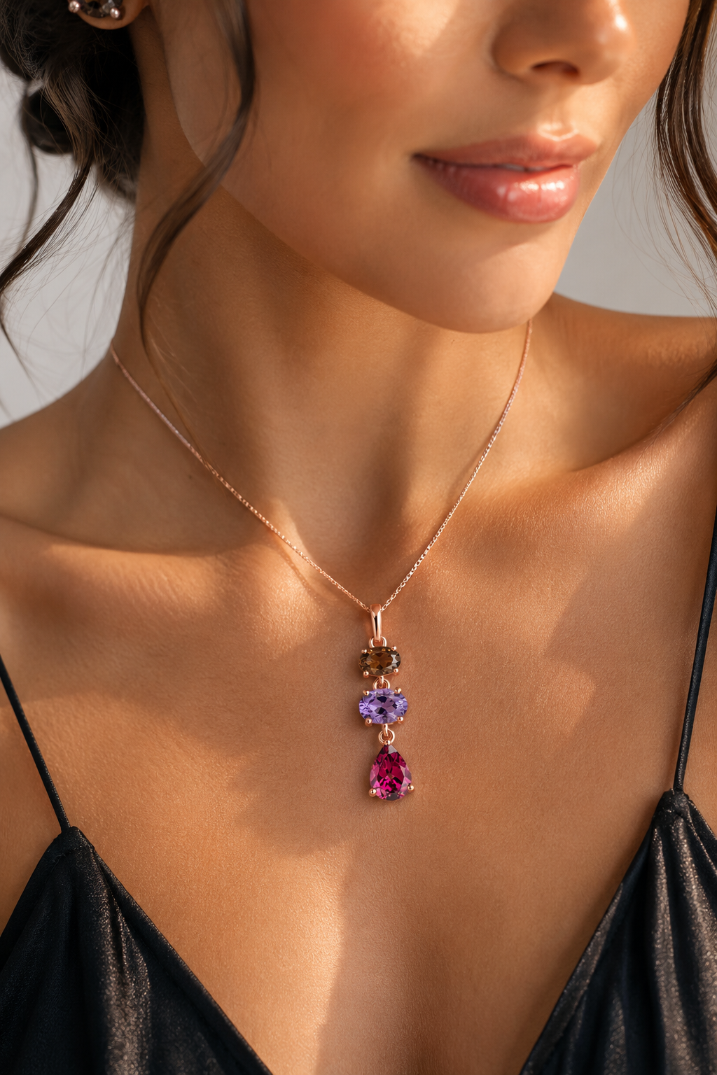 Statement 3 Stone Drop Pendant 9ct Rose Gold 375 Hallmarked British Made