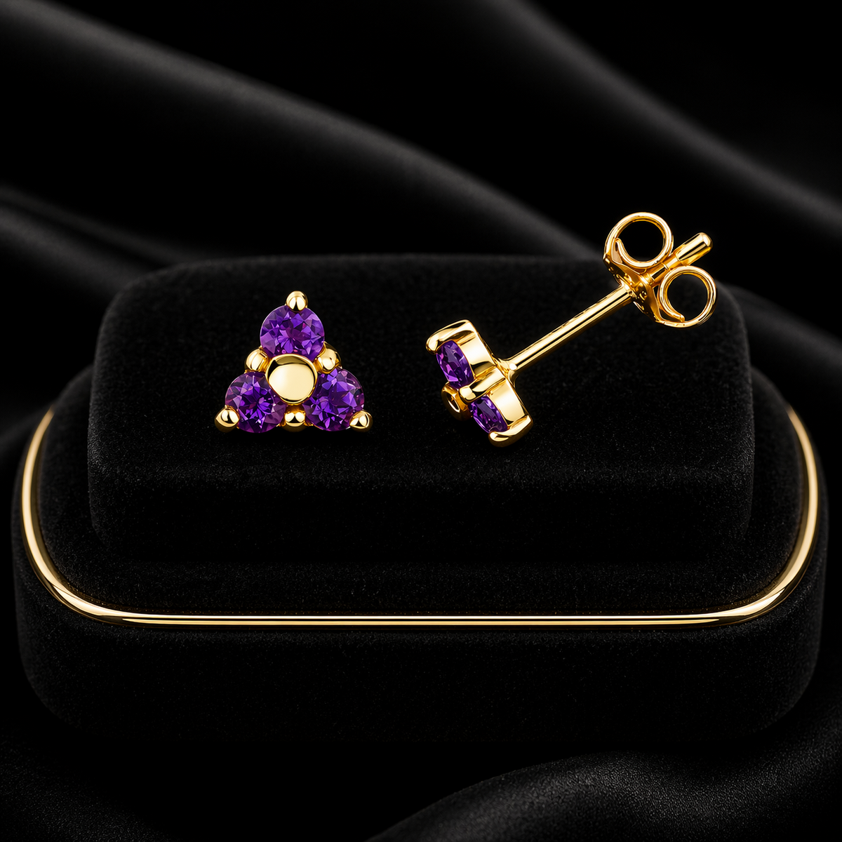 Yellow Gold 3 Stone Amethyst Earrings 9ct 375 Hallmarked New Boxed British Made