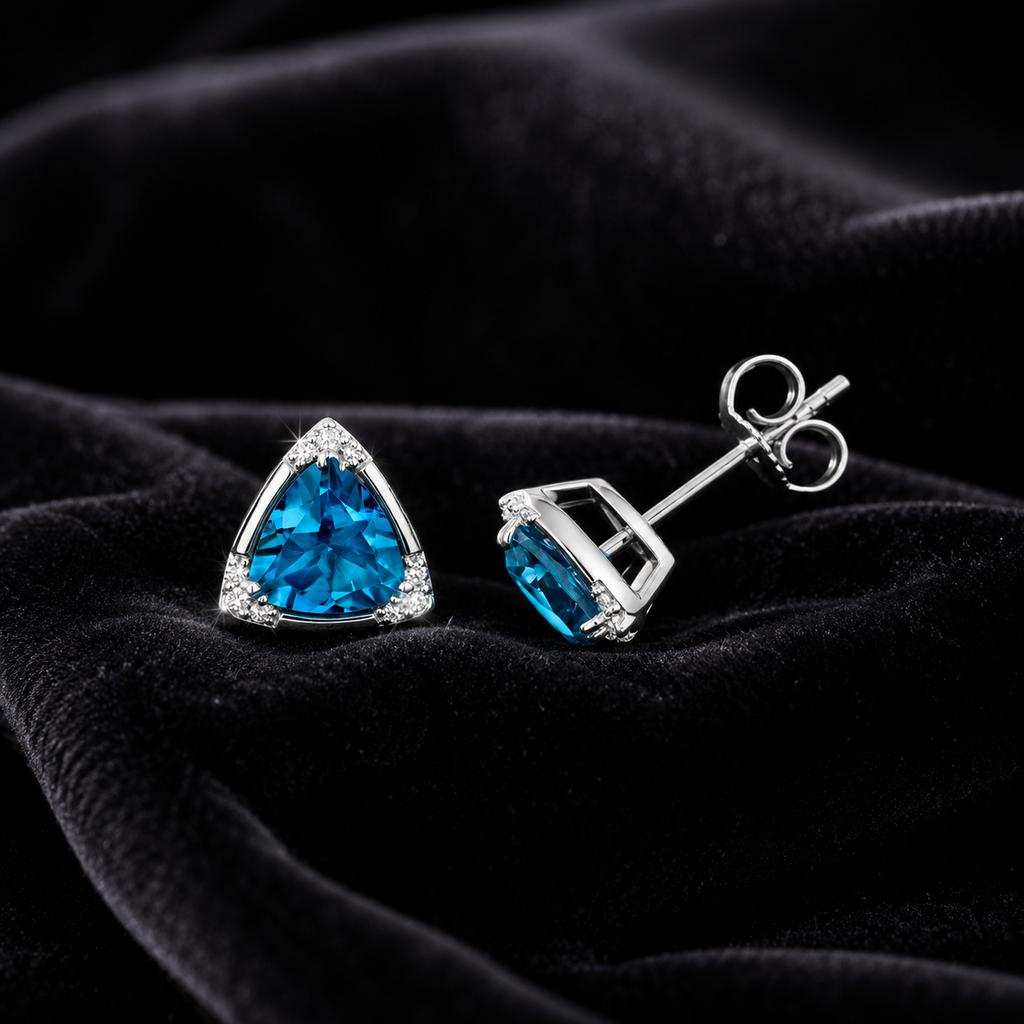 Natural Triangular Blue Topaz Diamond Earrings 9ct White Gold 375 Hallmarked