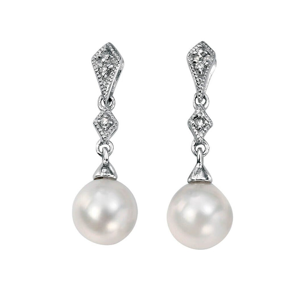 Freshwater Pearl/Diamond Drop Earrings 9ct White Gold 375 Hallmark British Made