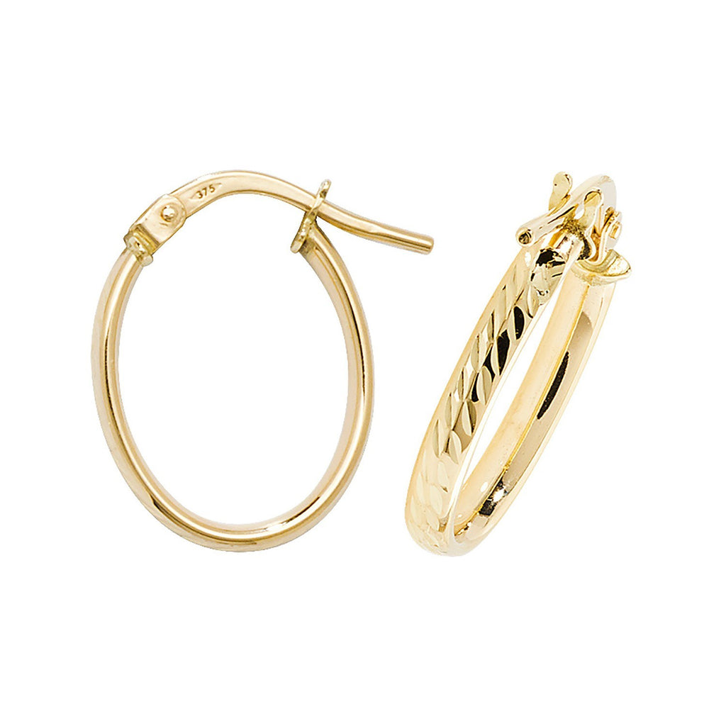 9ct Yellow Gold DC Oval Hoop Earrings 375 Hallmarked 15mm - 30mm Diameter