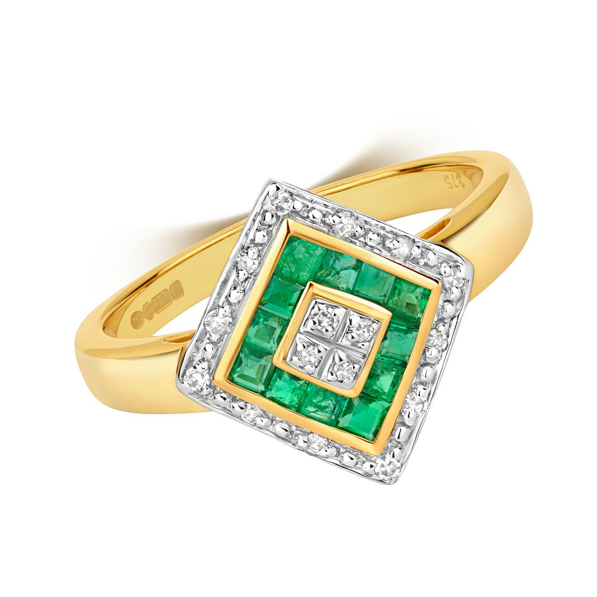 Statement Emerald Diamond Ring 9ct 2 Tone Gold 375 Hallmarked Sizes J - Q
