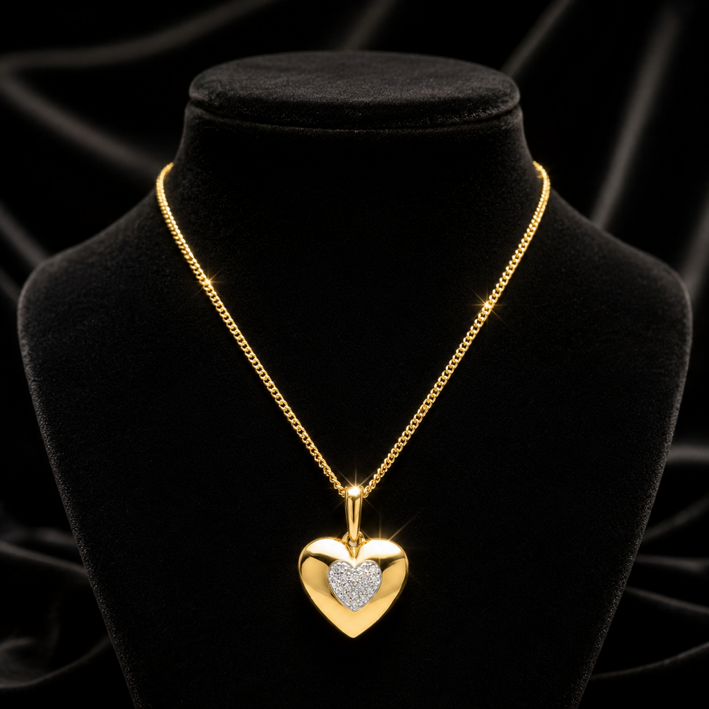 Pave Heart Diamond Pendant 9ct Yellow Gold 375 Hallmarked British Made