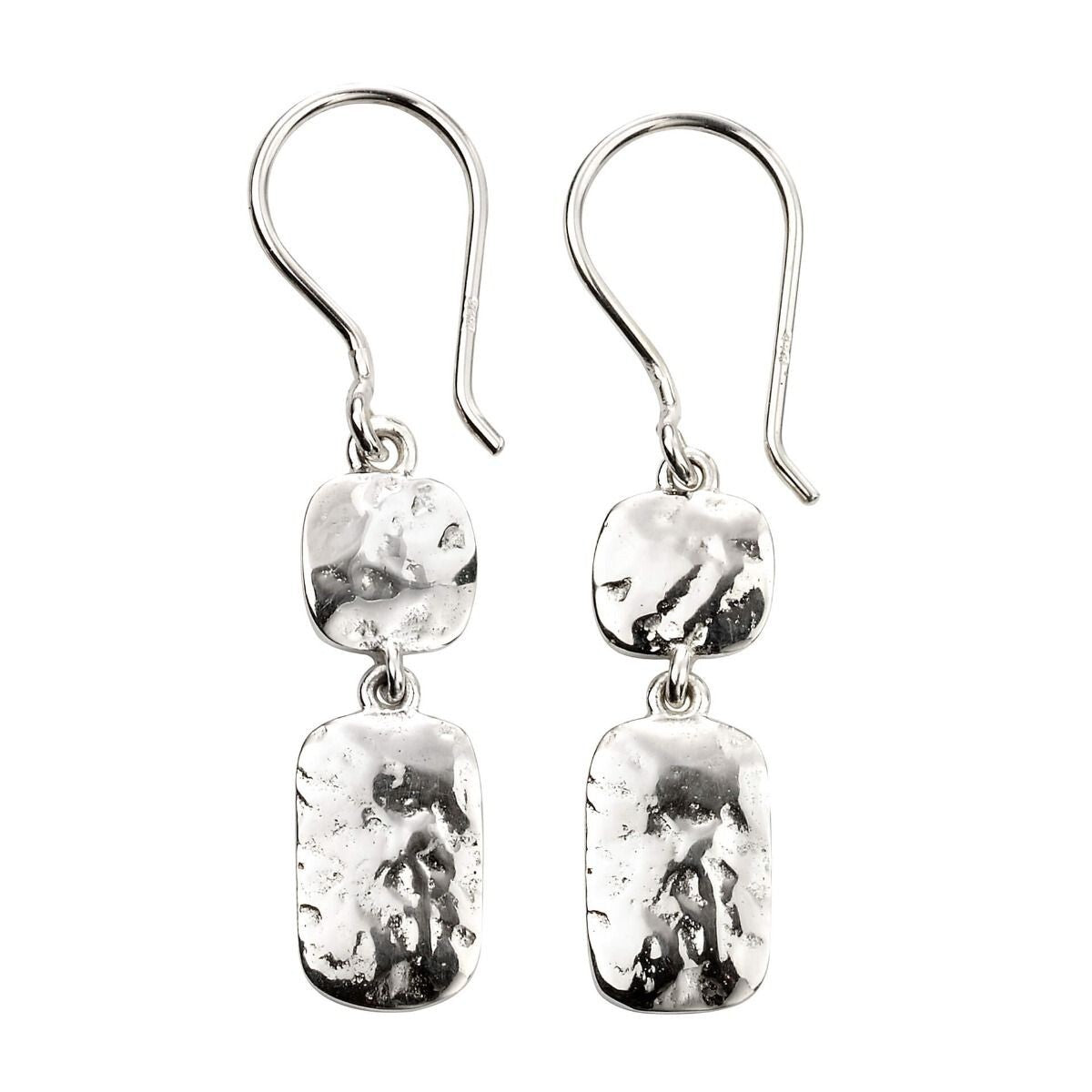 Hammered Double Drop Earrings Sterling Silver 925 Hallmarked British Made