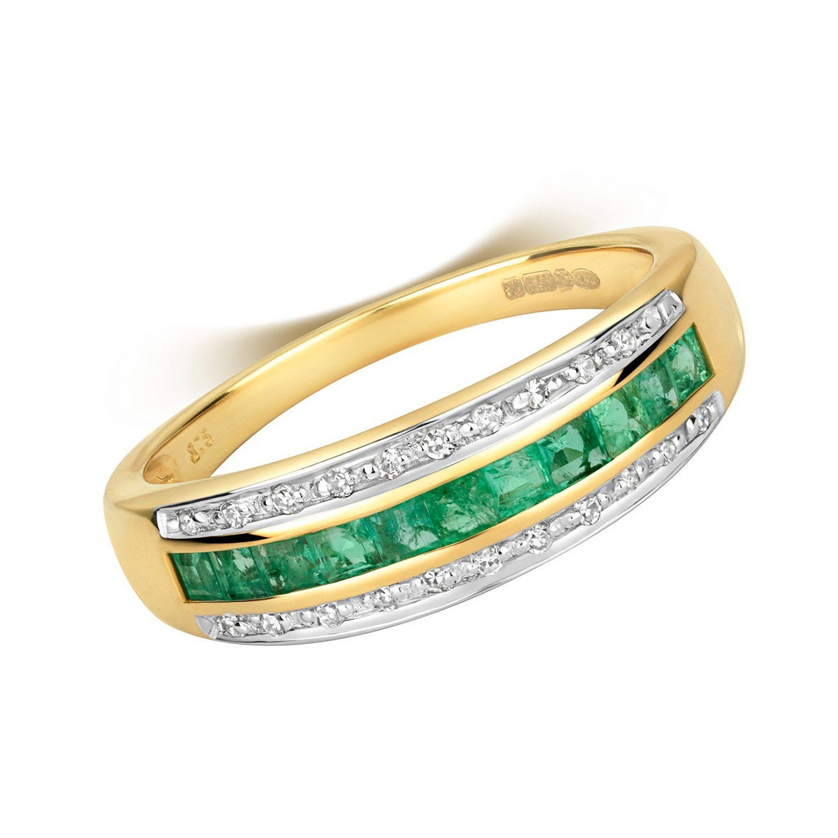 Emerald Diamond Band Ring 9ct 2 Tone Gold 375 Hallmark Sizes J - Q British Made