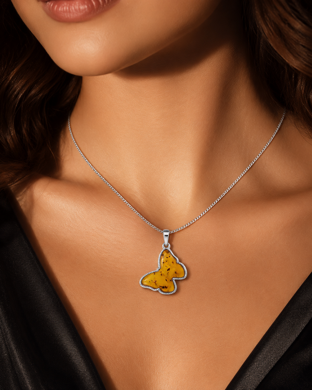 Butterfly Cognac Amber Pendant Sterling Silver 925 Hallmarked All Chain Lengths