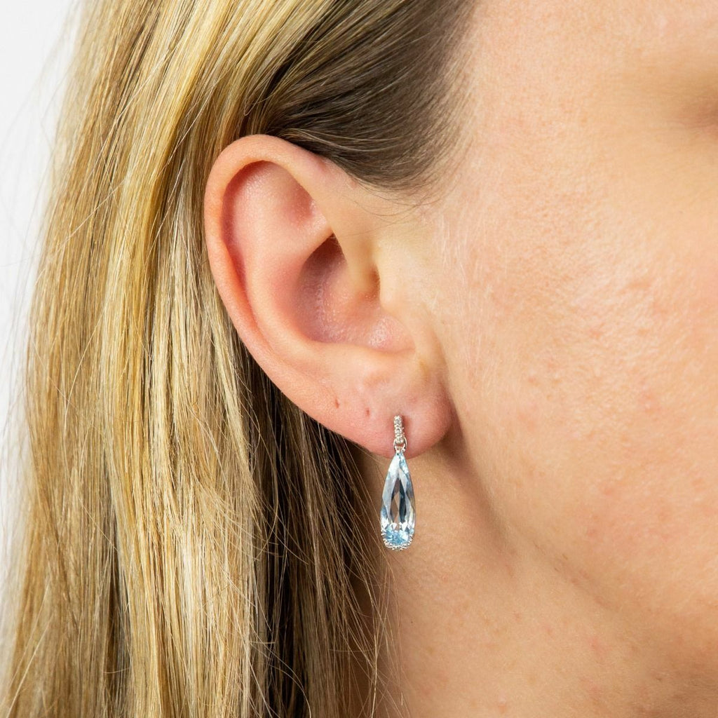 Elongated Natural Blue Topaz Teardrop Earrings with Diamond White Gold Brand New