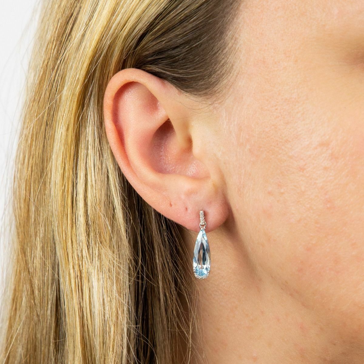 Elongated Natural Blue Topaz Teardrop Earrings with Diamond White Gold Brand New