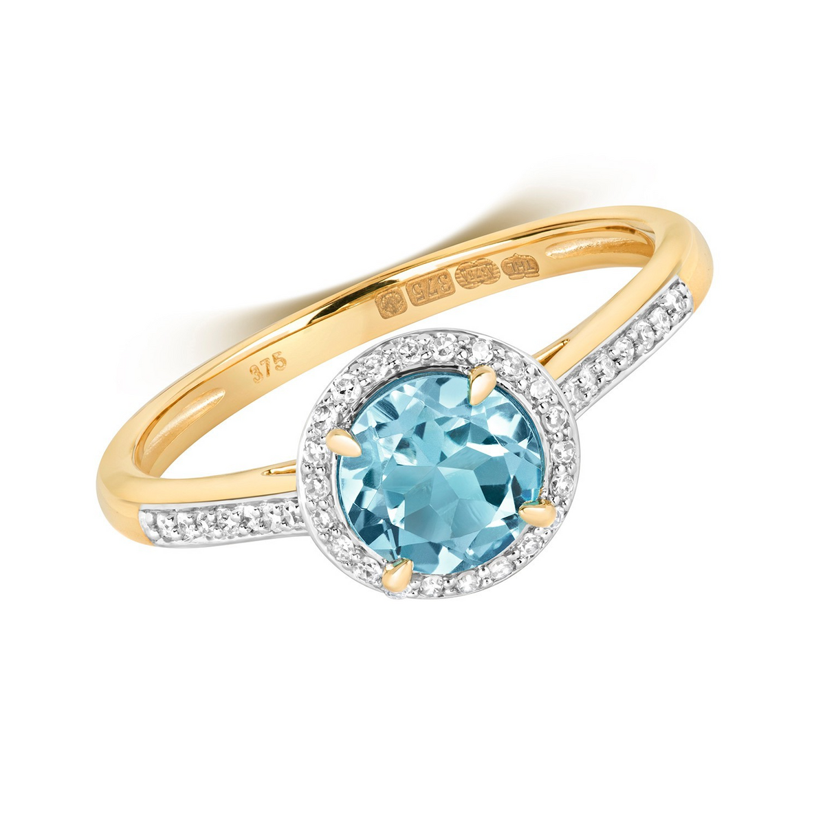 Round Halo Blue Topaz Diamond Ring 9ct 2 Tone Gold 375 Hallmarked Sizes J - Q