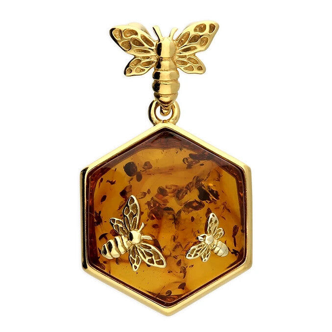 Bumble Bee Natural Amber Pendant Yellow Gold Plated Hallmarked All Chain Lengths
