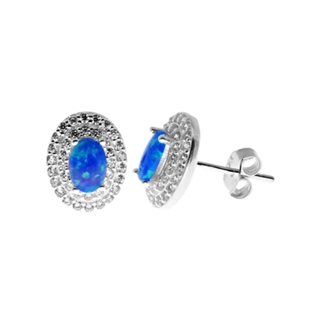 Natural Blue Opal Halo Stud Earrings Sterling Silver 925 Hallmarked Brand New