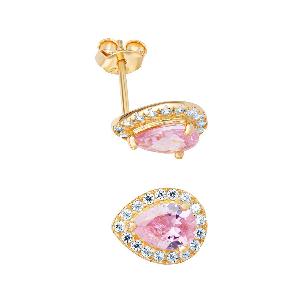 Pink Pear Gemstone Earrings 9ct Yellow Gold Plated Hallmarked British Made
