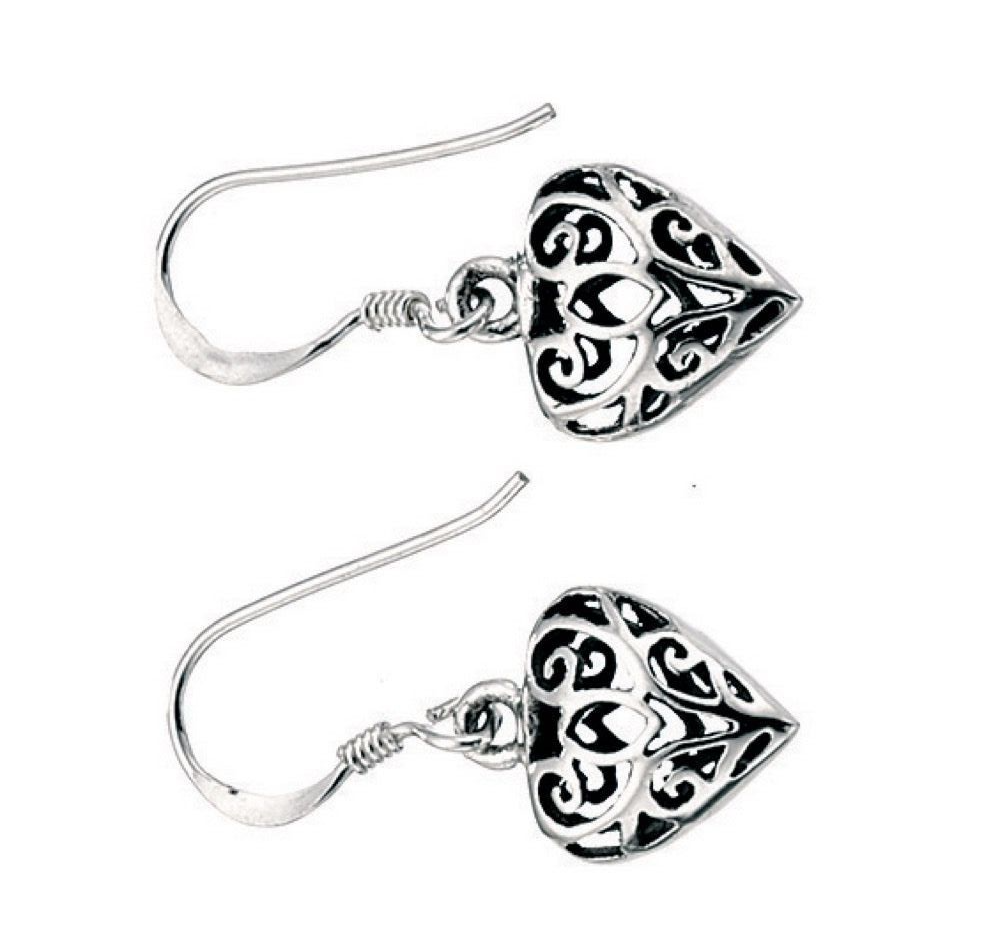Filigree Heart Drop Earrings Solid Sterling Silver 925 Hallmark Brand New Boxed