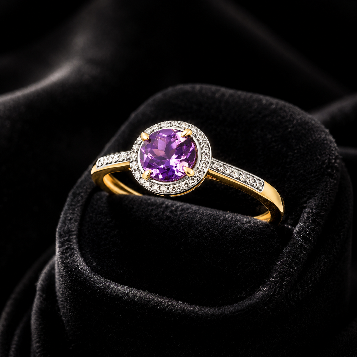 Round Halo Amethyst Diamond Ring 9ct 2 Tone Gold 375 Hallmarked Sizes J - Q