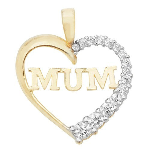Half Pave Mum Heart 9ct Yellow Gold Pendant 375 Hallmarked All Chain Lengths