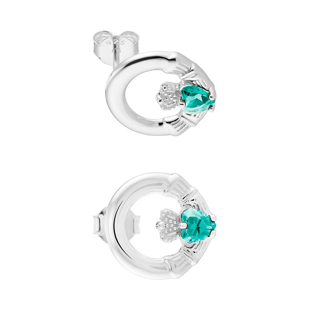 Aquamarine Claddagh Stud Earrings Sterling Silver 925 Hallmarked British Made