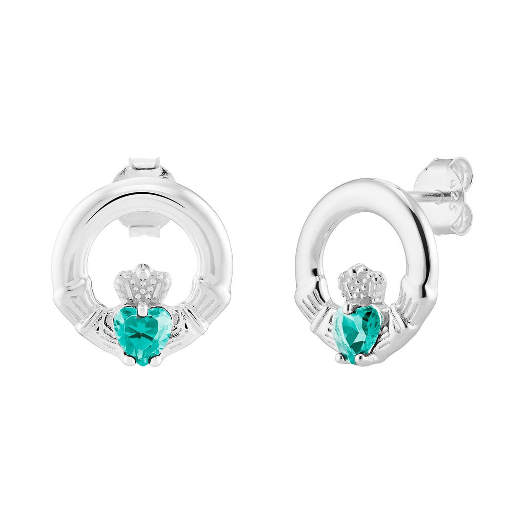 Aquamarine Claddagh Stud Earrings Sterling Silver 925 Hallmarked British Made