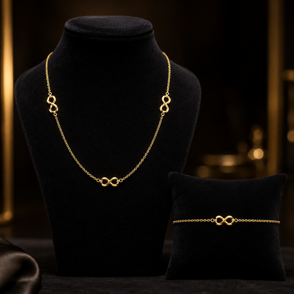 Infinity Necklace and Bracelet Set 9ct Yellow Gold 375 Hallmarked British Made