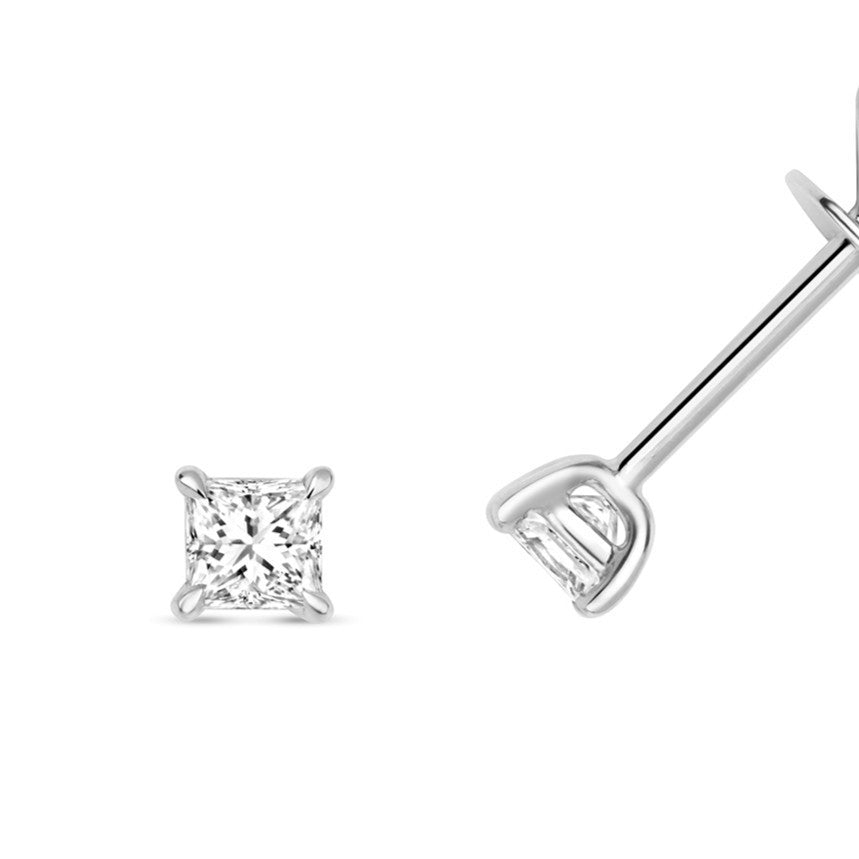 Natural Diamond Princess Stud Earrings 18ct White Gold Hallmarked British Made