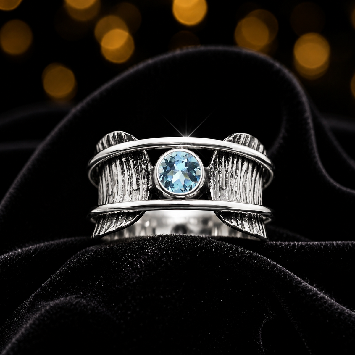 Blue Topaz Tree Bark Spinner Ring Sterling Silver 925 Hallmarked Size K - T